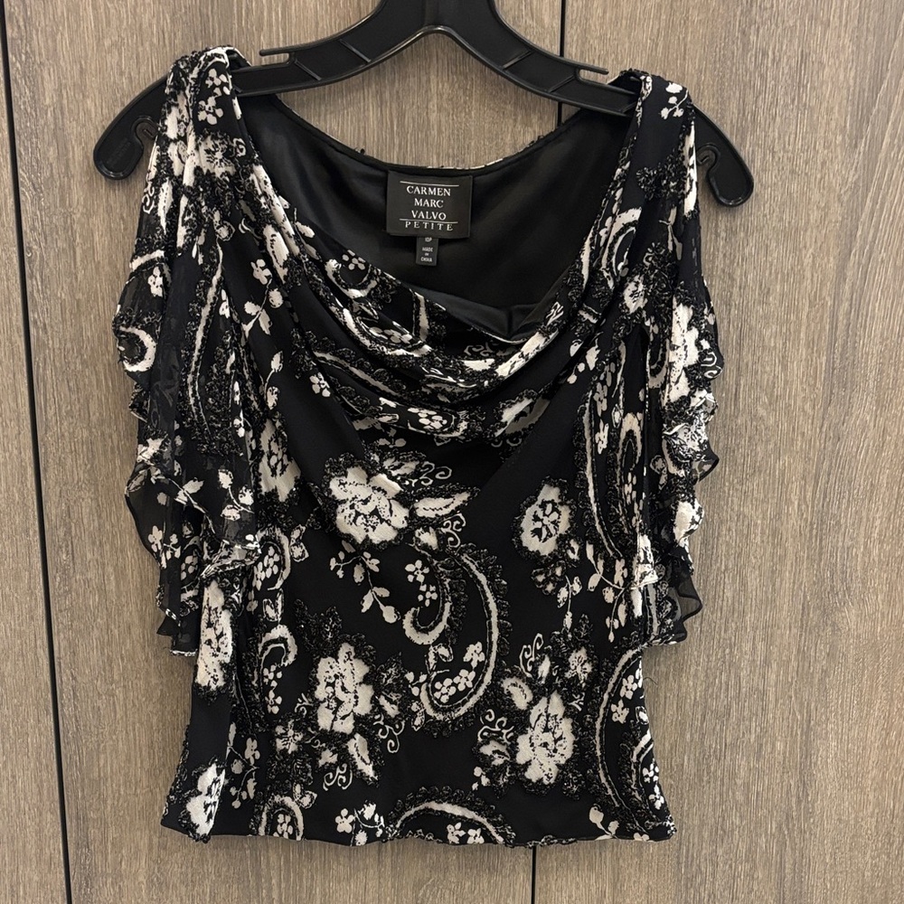 Carmen Marc Valvo Elegant Black and White Paisley Blouse